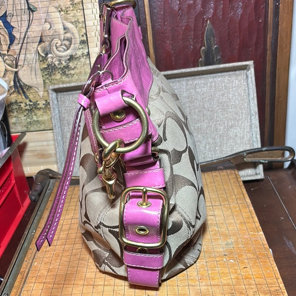 Coach Hobo Shoulder Bag Pink Leather Brown Monogram 12”Wx12”Hx5”W VGUC - Picture 11 of 17